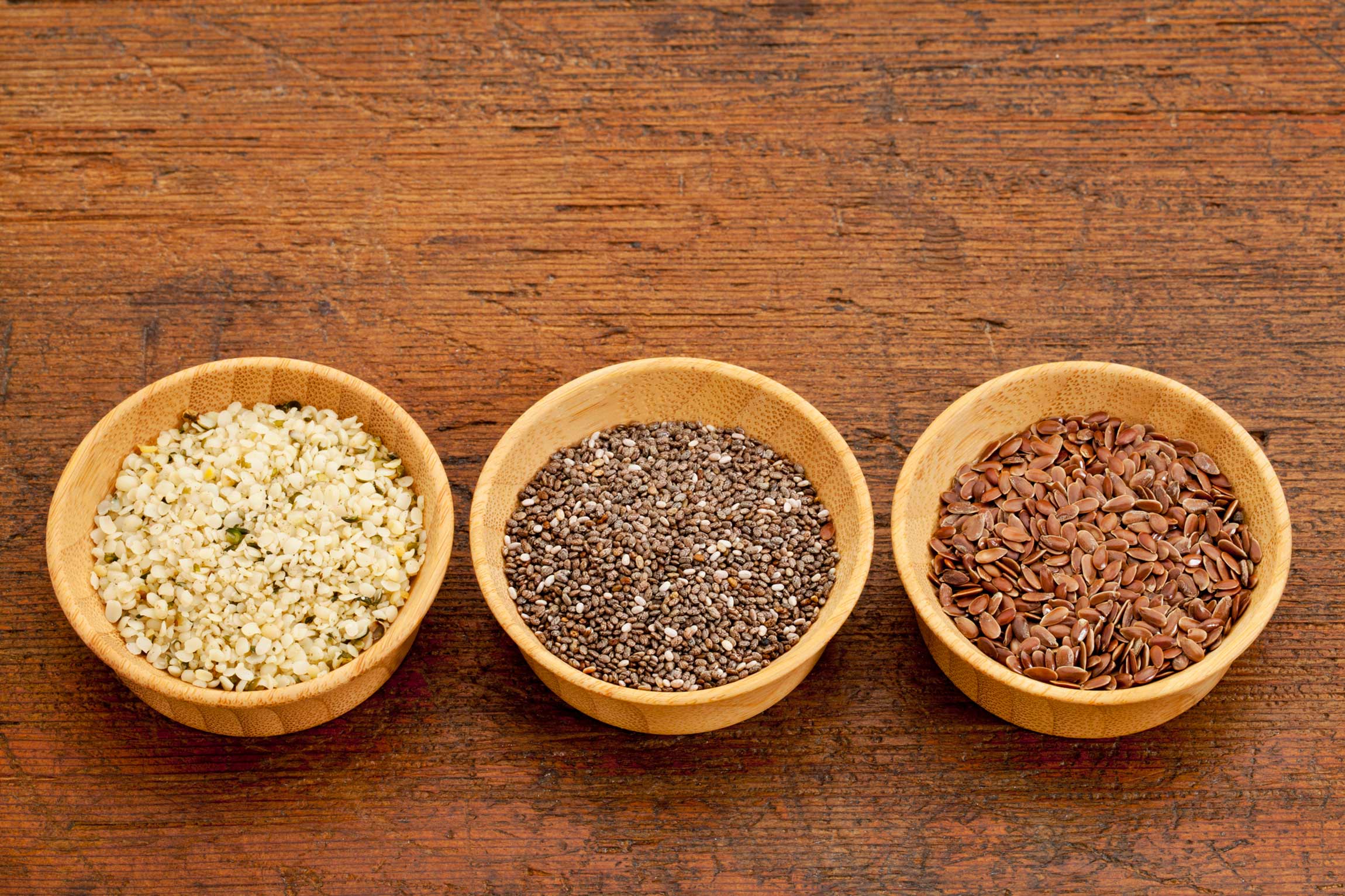 plant-based protein sources: hemp seeds, chia seeds, flax seeds