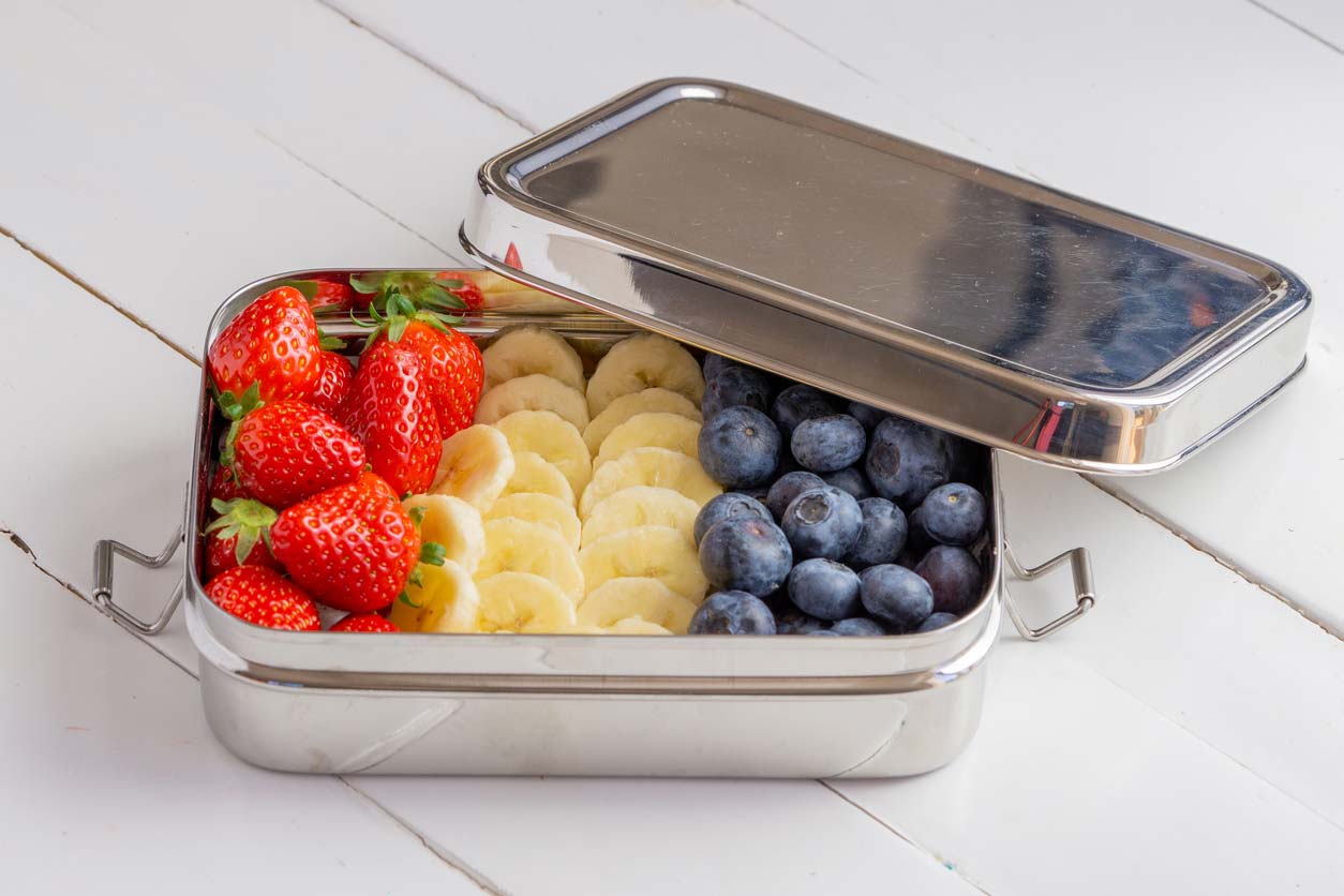 Stainless steel food storage container with fruit (plastic-free)